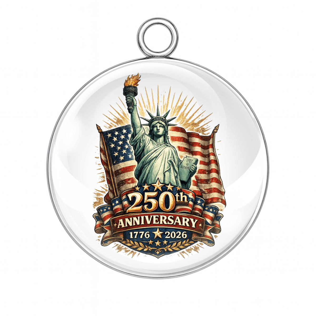 Circular ornament with Statue of Liberty and American flag design, celebrating 250th anniversary.