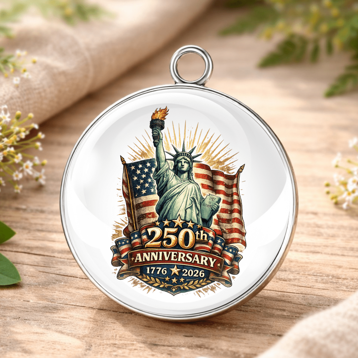 Medal with Statue of Liberty and American flag design on a wooden surface with flowers.