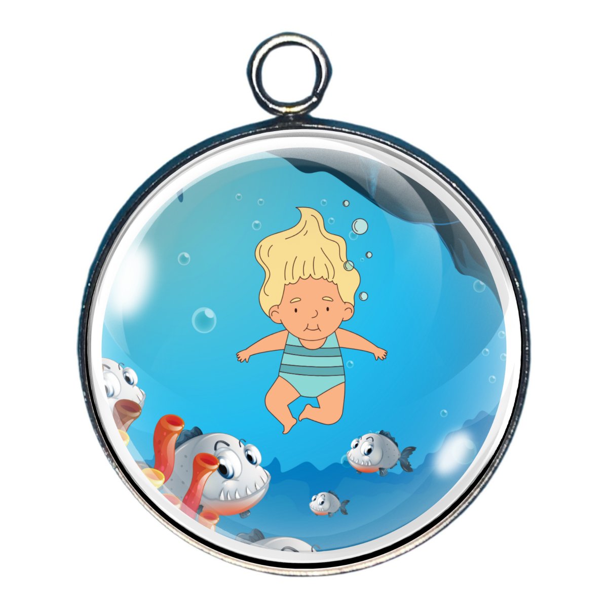 a charm depicting a child swimming with the fishes...