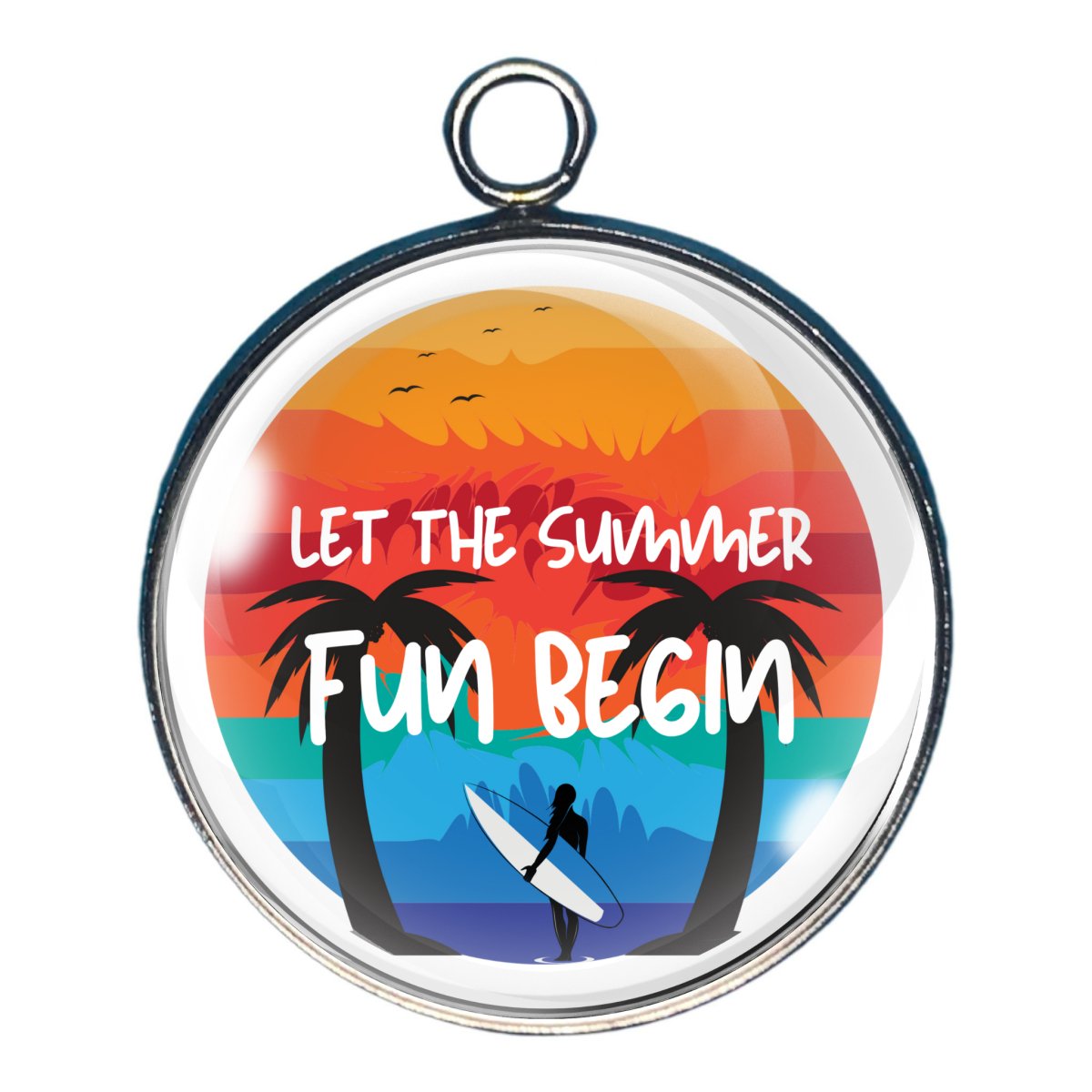 a charm of palm trees, a surfer and the wording 'let the summer fun begin'