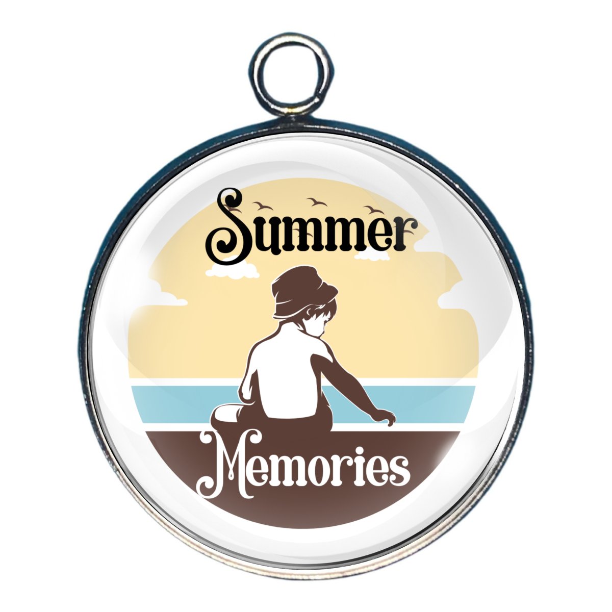 charm of a child on the beach in the retro style, with the words 'summer memories'