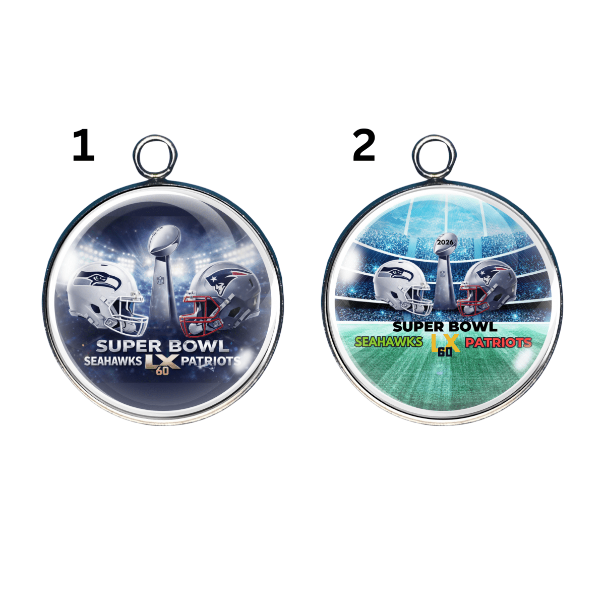 Charm of Super Bowl 60 Seahawks vs Patriots football matchup featuring championship trophy and stadium backdrop, with different views of the event. 
