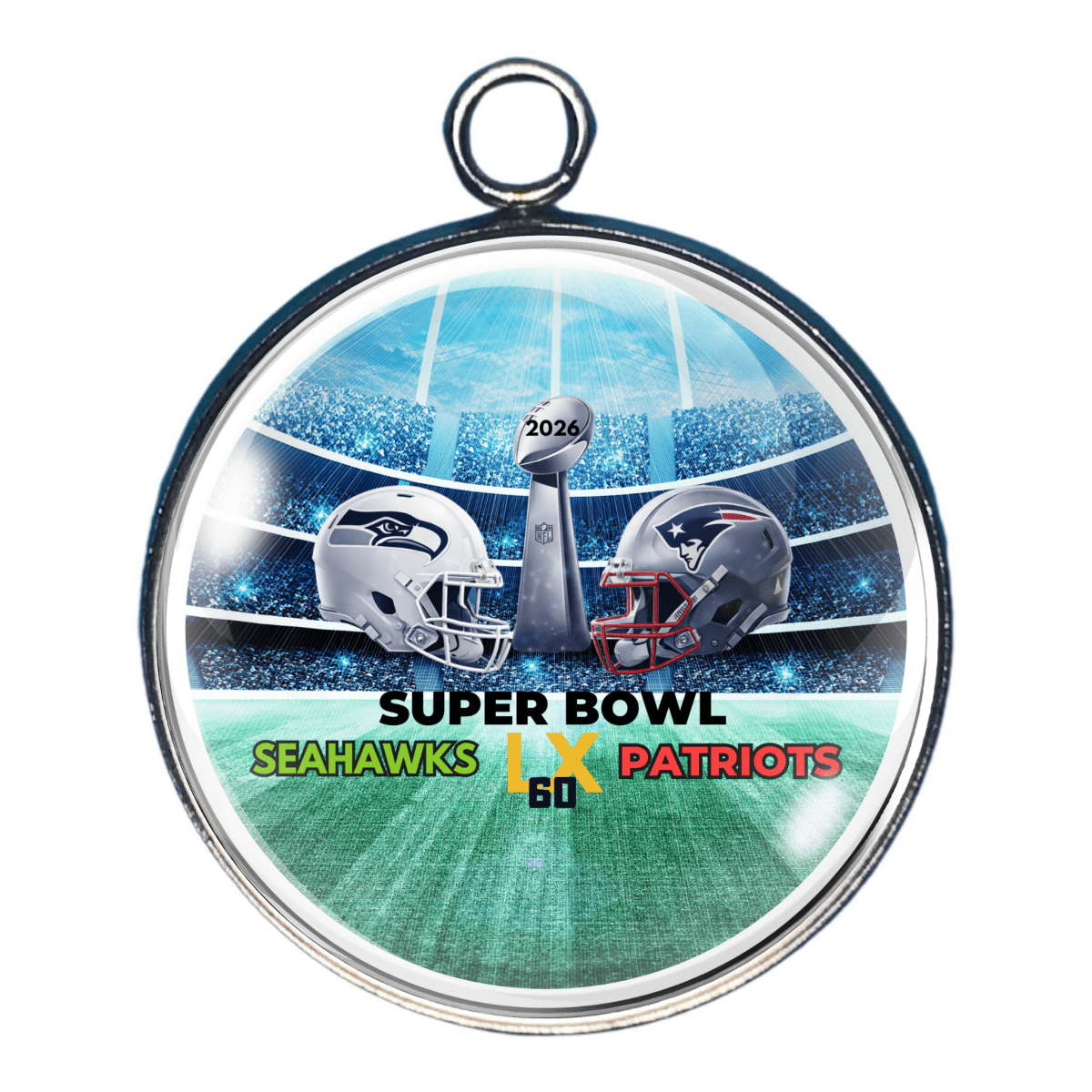 Charm of Super Bowl 60 Seahawks vs Patriots with field-level stadium view and 2026 championship trophy
