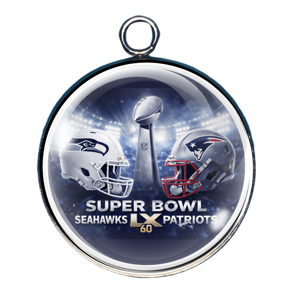 Charm of Super Bowl 60 Seahawks vs Patriots with trophy and dramatic stadium lighting