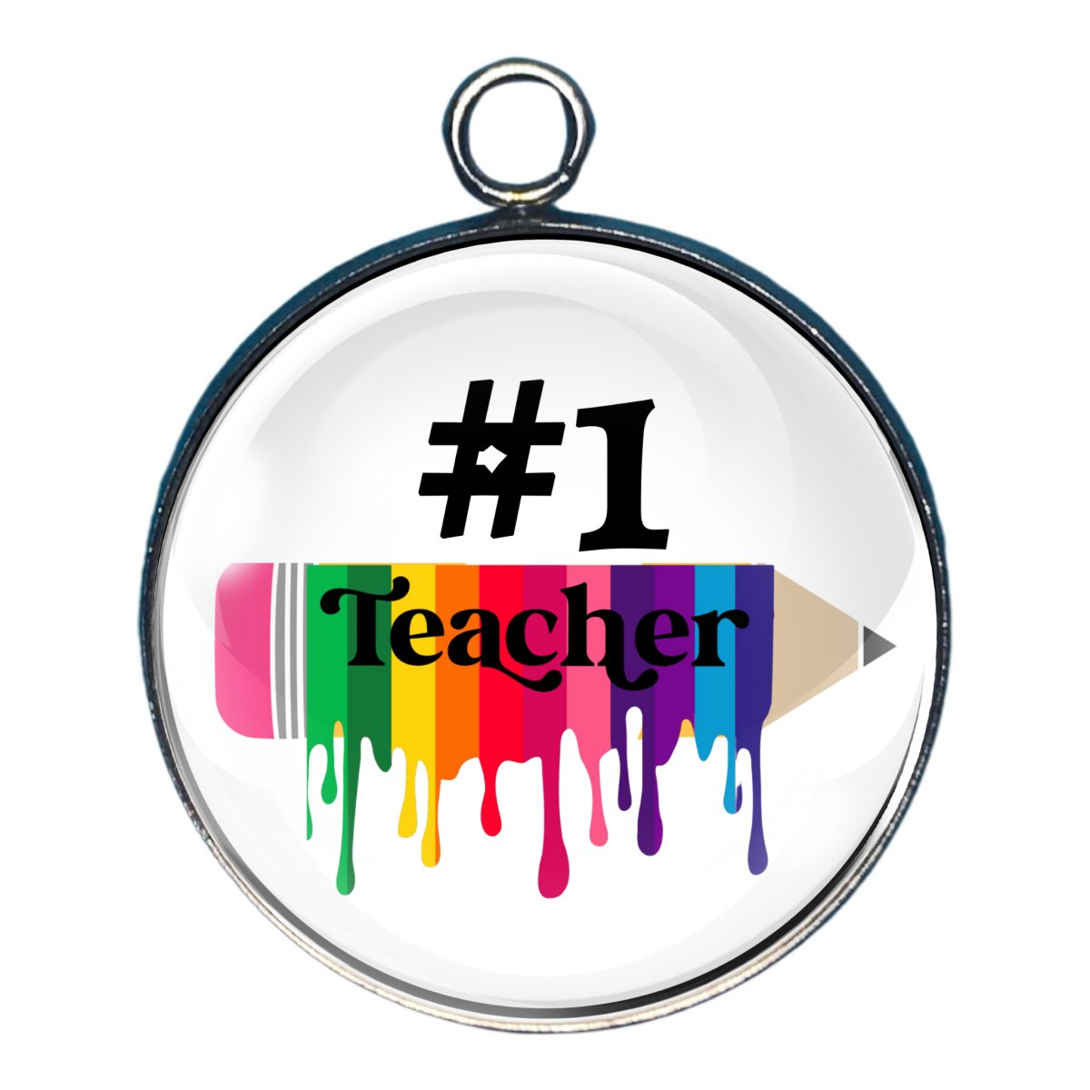 Charm depicting a pencil with a dripping rainbow bar and wording of #1 Teacher