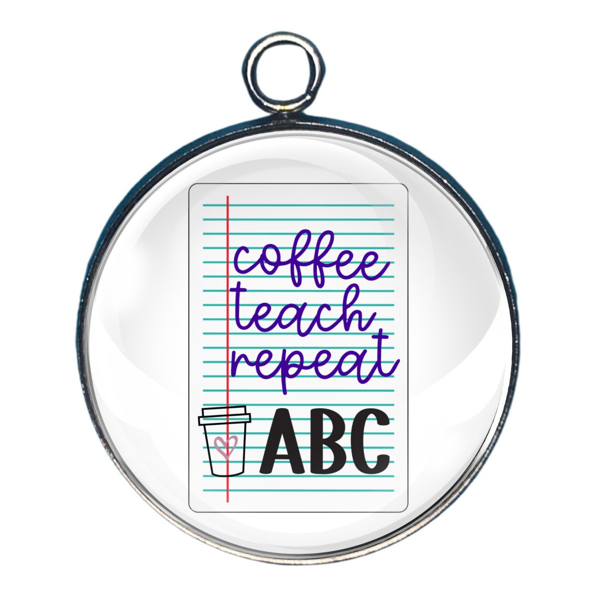 Charm depicting a piece of notebook paper with workding of coffee teach repeat, abc, and a coffee cup