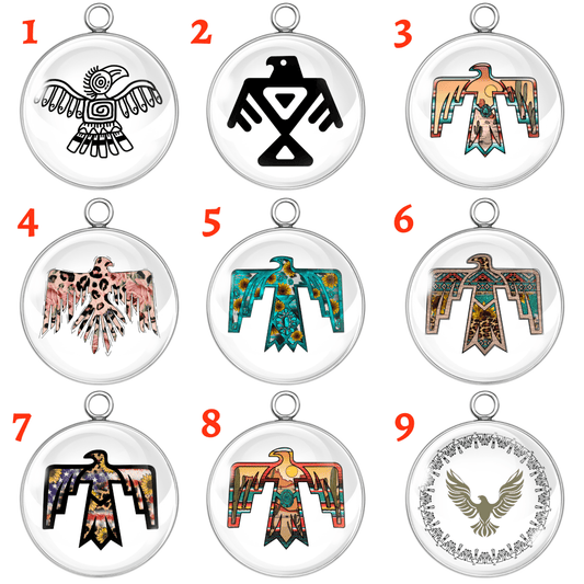 Thunderbird Native art glass cabochon charms set – 9 unique tribal bird designs in stainless steel bases for jewelry making and crafts