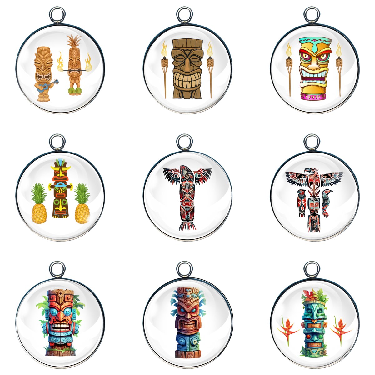 9 Tiki totem glass cabochon charms