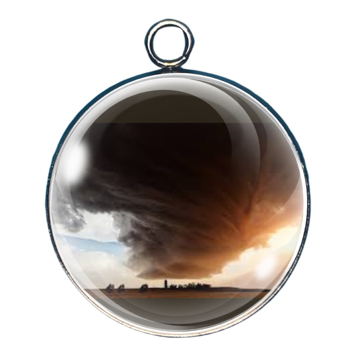 charm depicting a huge funnel type cloud over a farm house and silo