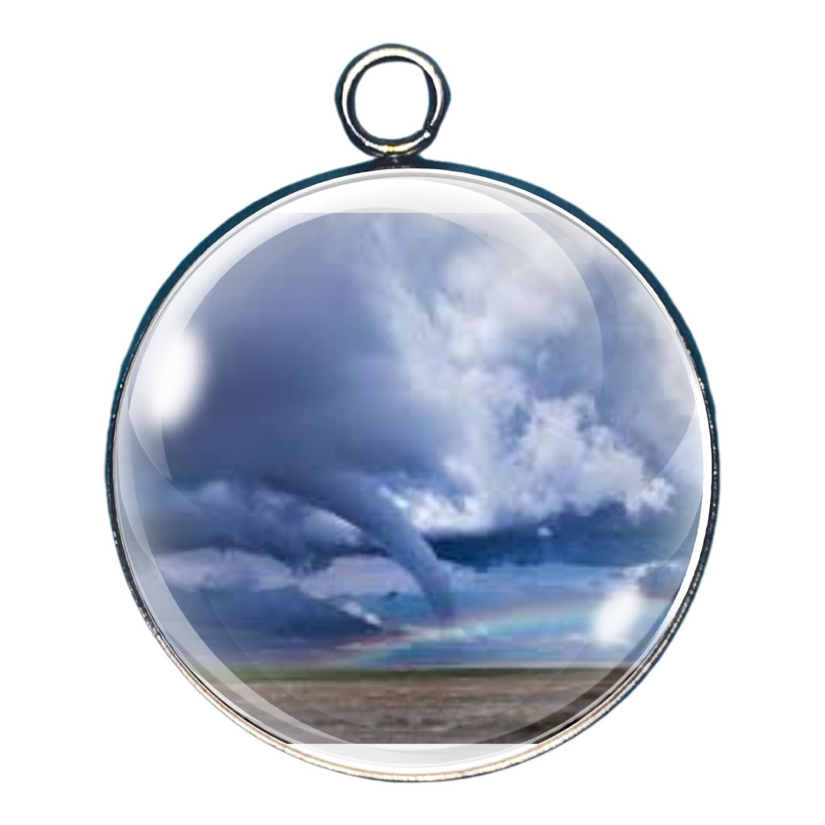 charm depicting a funnel cloud with a rainbow in the foreground