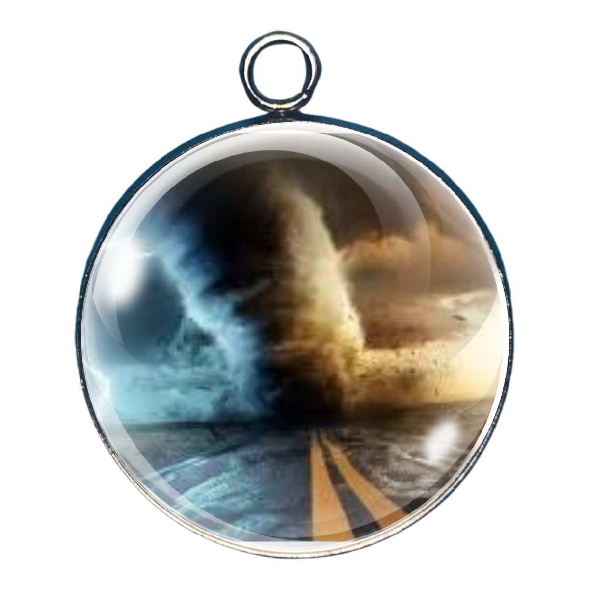 charm depicting a large tornado on a roadway.