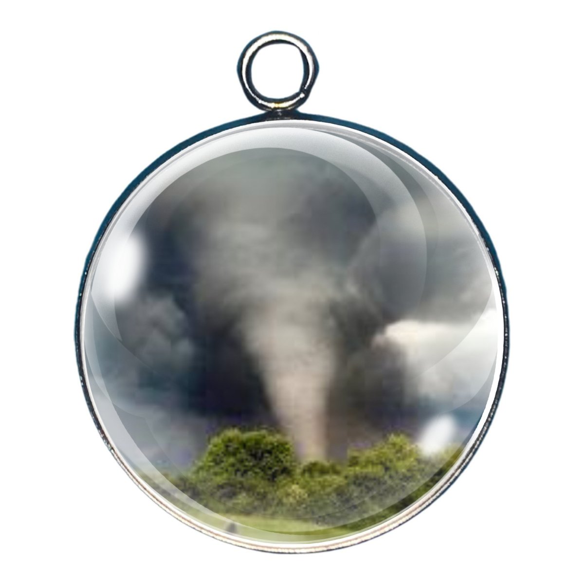 charm depicting a huge tornado on the far side of some trees