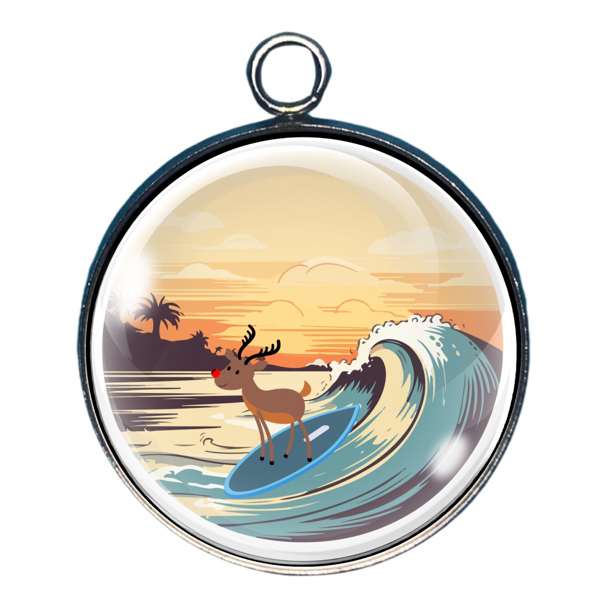 Charm depicting a reindeer surfing.