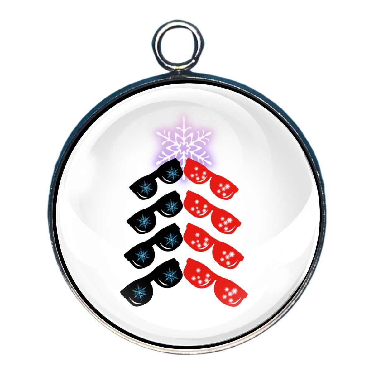 Charm depicting sunglasses with snowflakes in the lenses stacked like a christmas tree with a snowflake on top