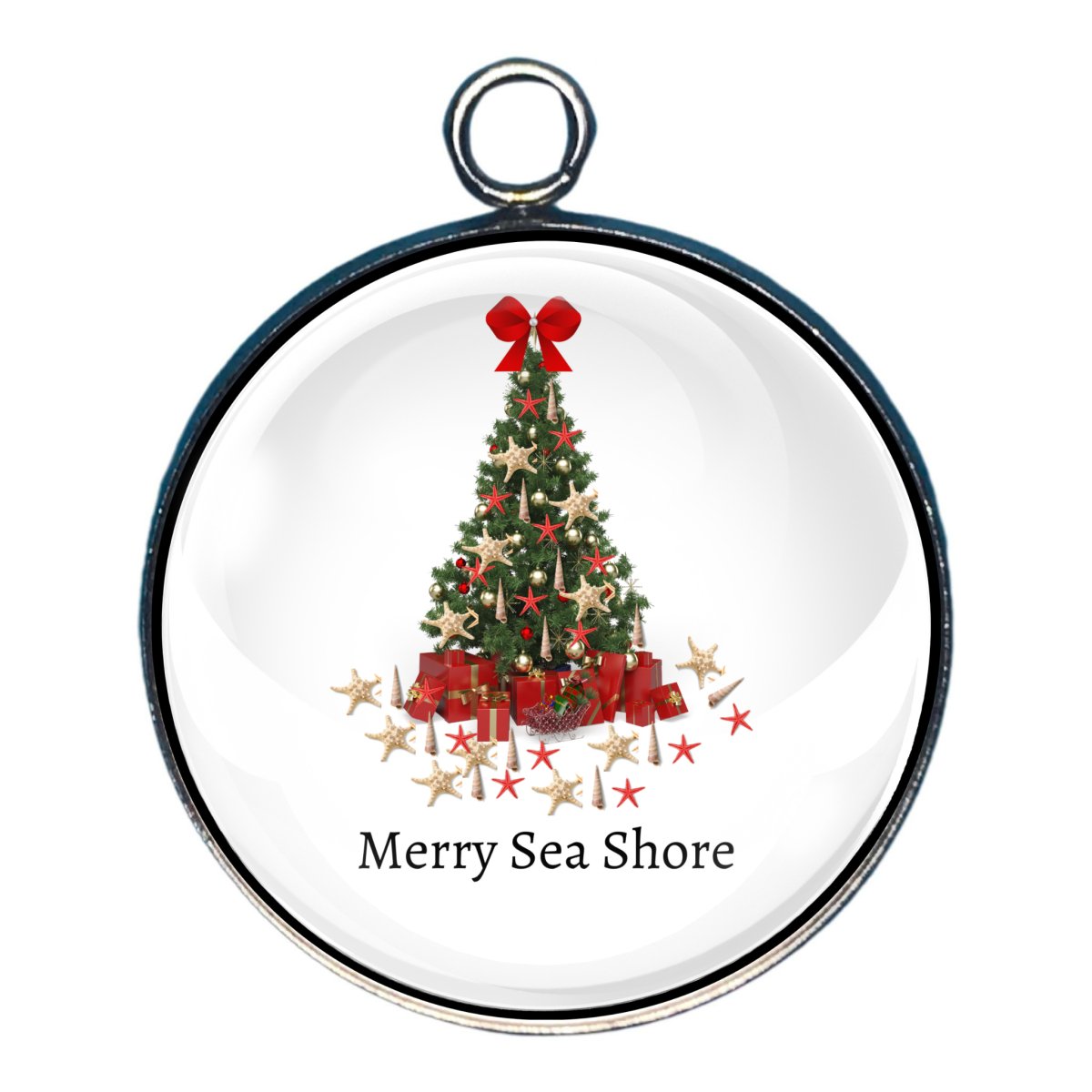 Charm depicting a christmas tree decorate and surrounded by starfish and seashells