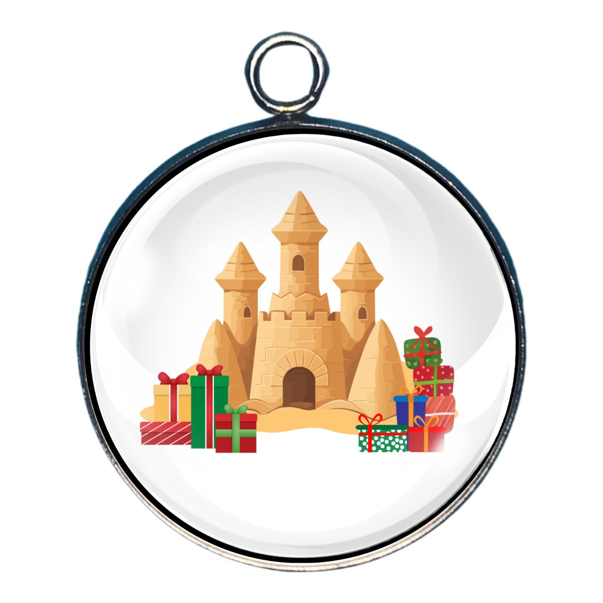 charm depicting a sandcastle with presents around it.