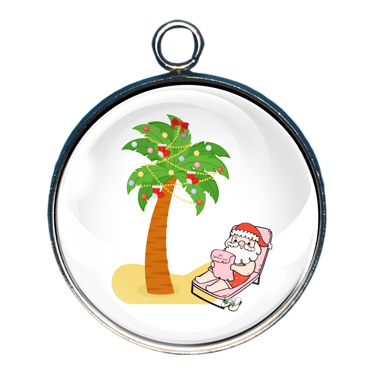 Charm depicting a palm tree decorated with lights and santa in a beach chair in the sand checking his naughty and nice list