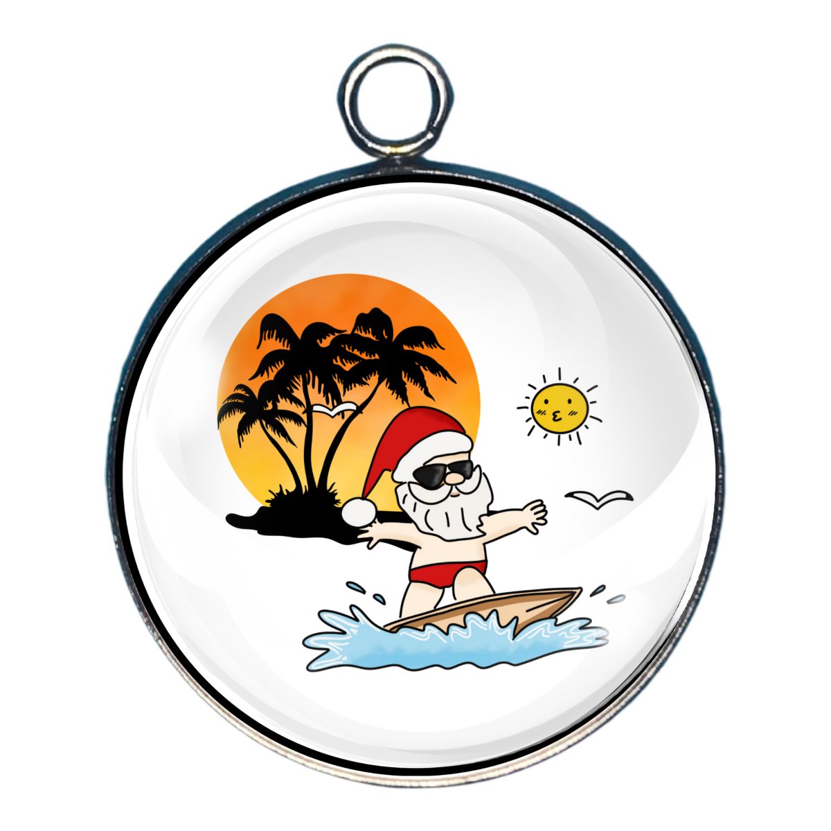 Charm depicting santa surfing near a tropical island