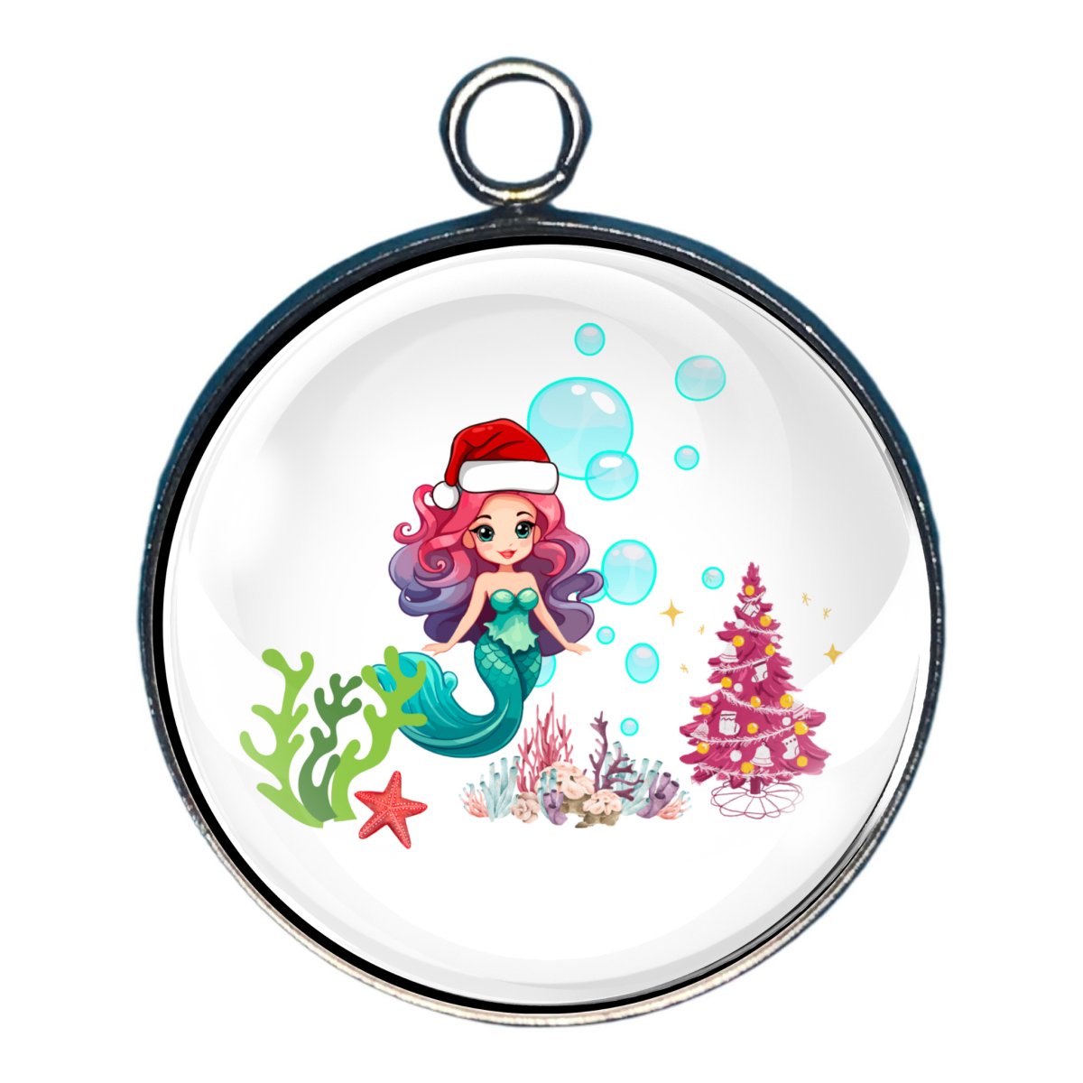 Charm with a mermaid in a santa hat and a christmas tree 