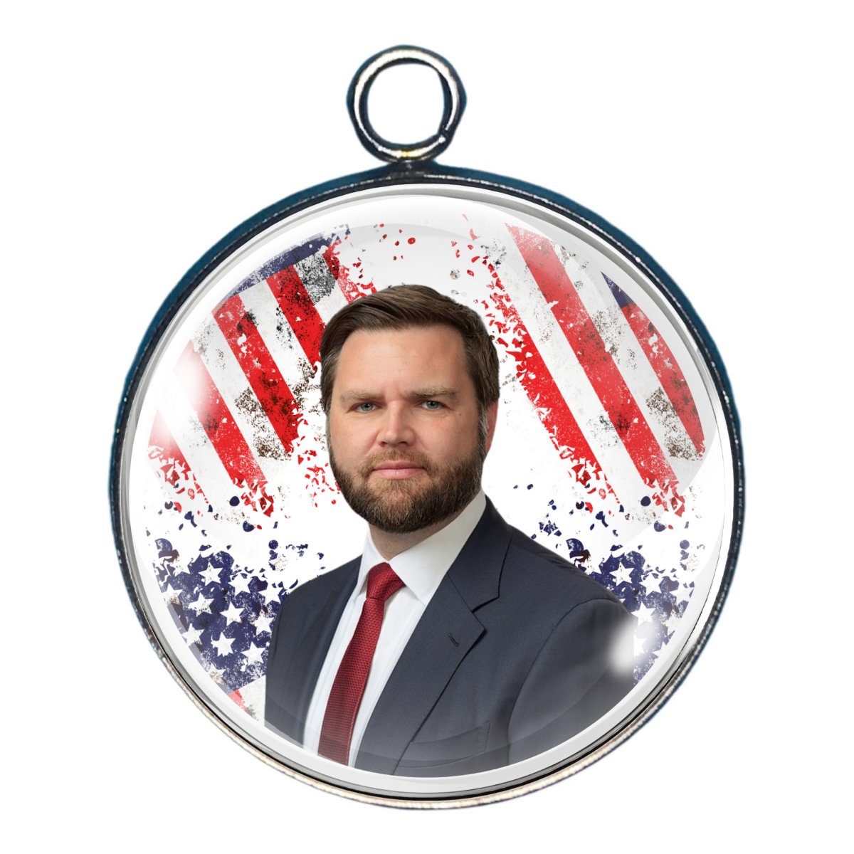 Charm of JD Vance in front of a collage of distressed US flag