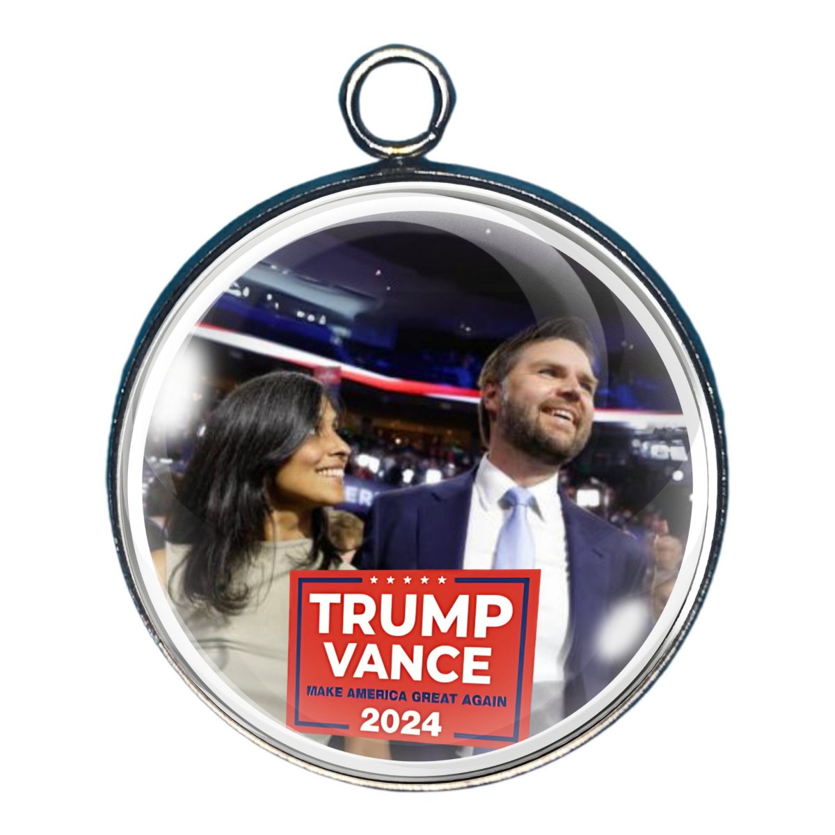 Charm featuring JD Vance and his wife, with a Trump Vance 2024 sign