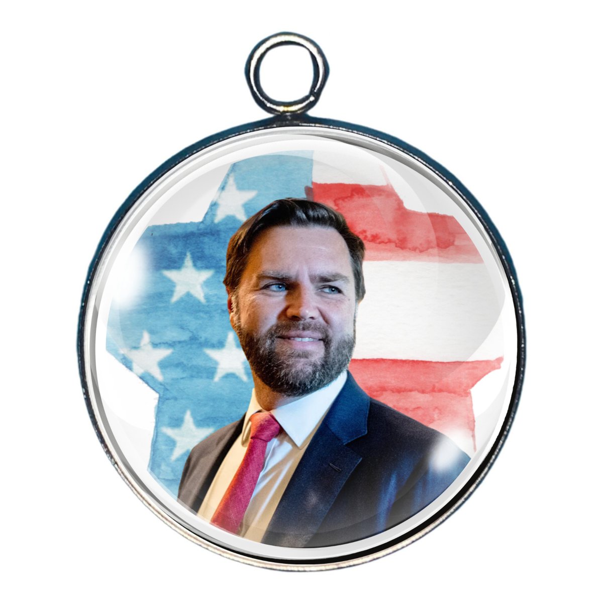 Charm of JD Vance in front of a star with a watercolor flag filling it.