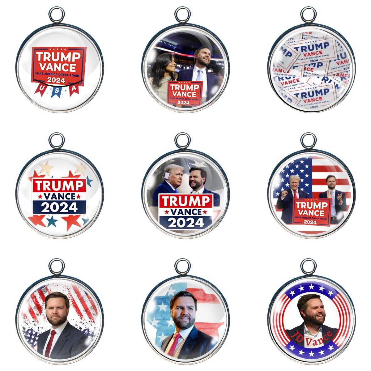 Group of 9 charms featuring JD Vance, his wife and Donald Trump