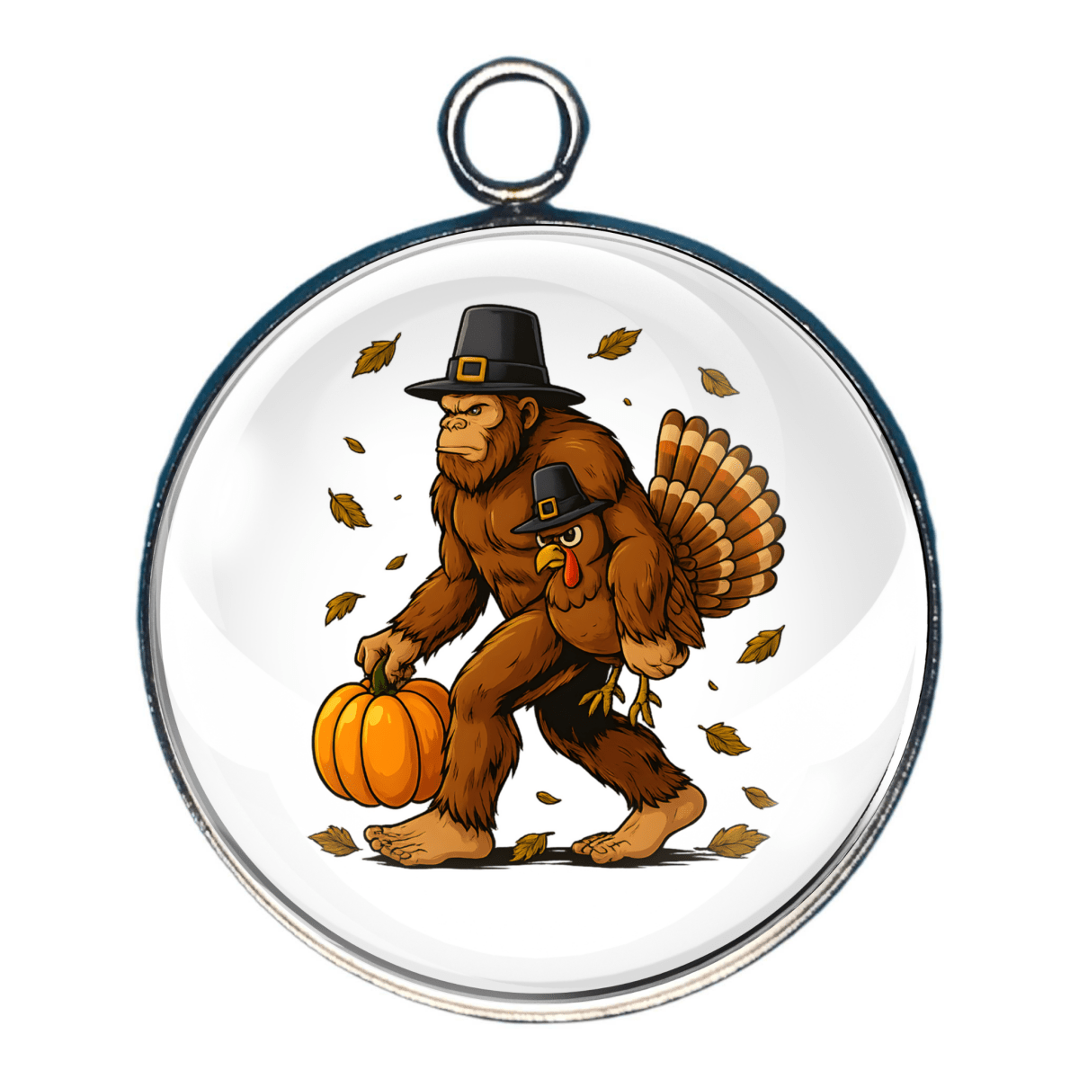 Bigfoot Pilgrim carrying a  turkey and a pumpkin charm