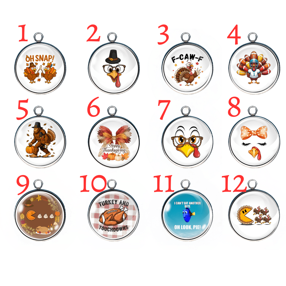 Funny Thanksgiving turkey charm set featuring pie, football, and humorous turkey designs.