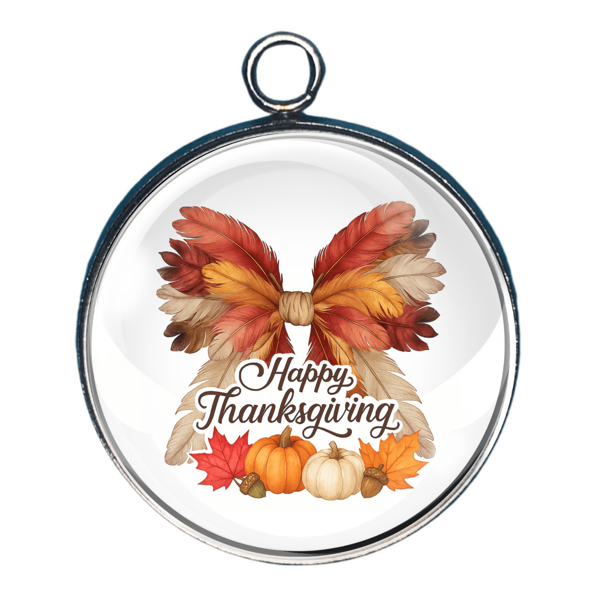 Happy Thanksgiving greeting with a bow of feathers charm