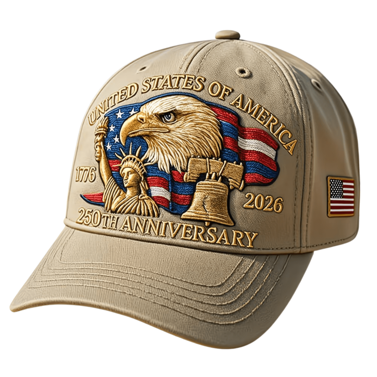 Beige cap with American-themed design featuring an eagle, Statue of Liberty, and Liberty Bell on a white background.