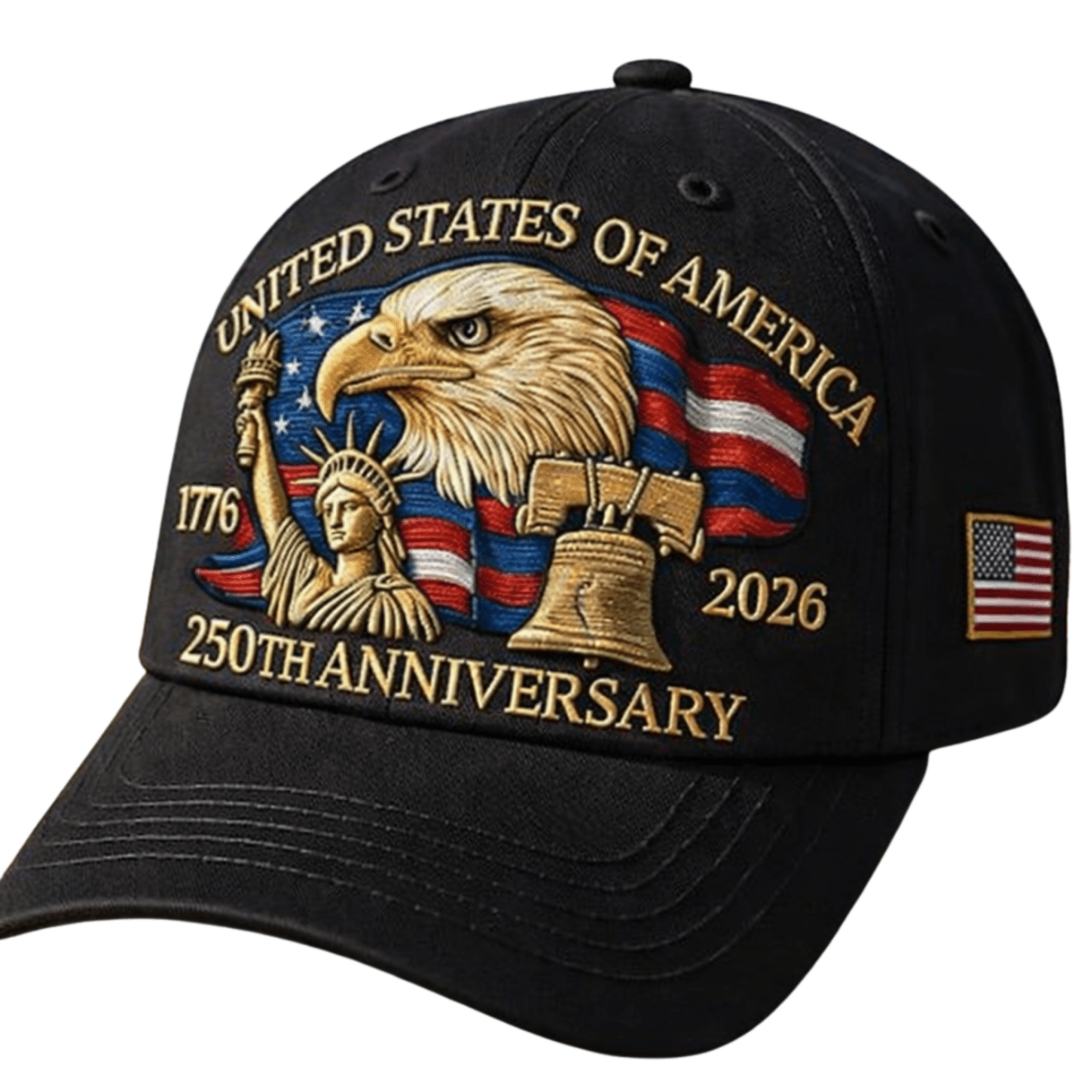 Black cap with American-themed design featuring an eagle, Statue of Liberty, and Liberty Bell on a white background.