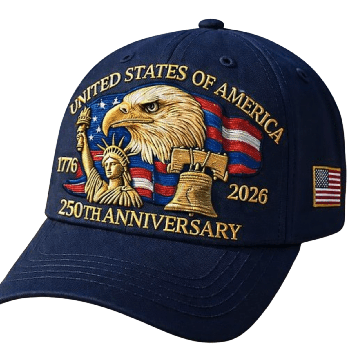 Navy blue cap with American-themed design featuring an eagle, Statue of Liberty, and Liberty Bell on a white background.