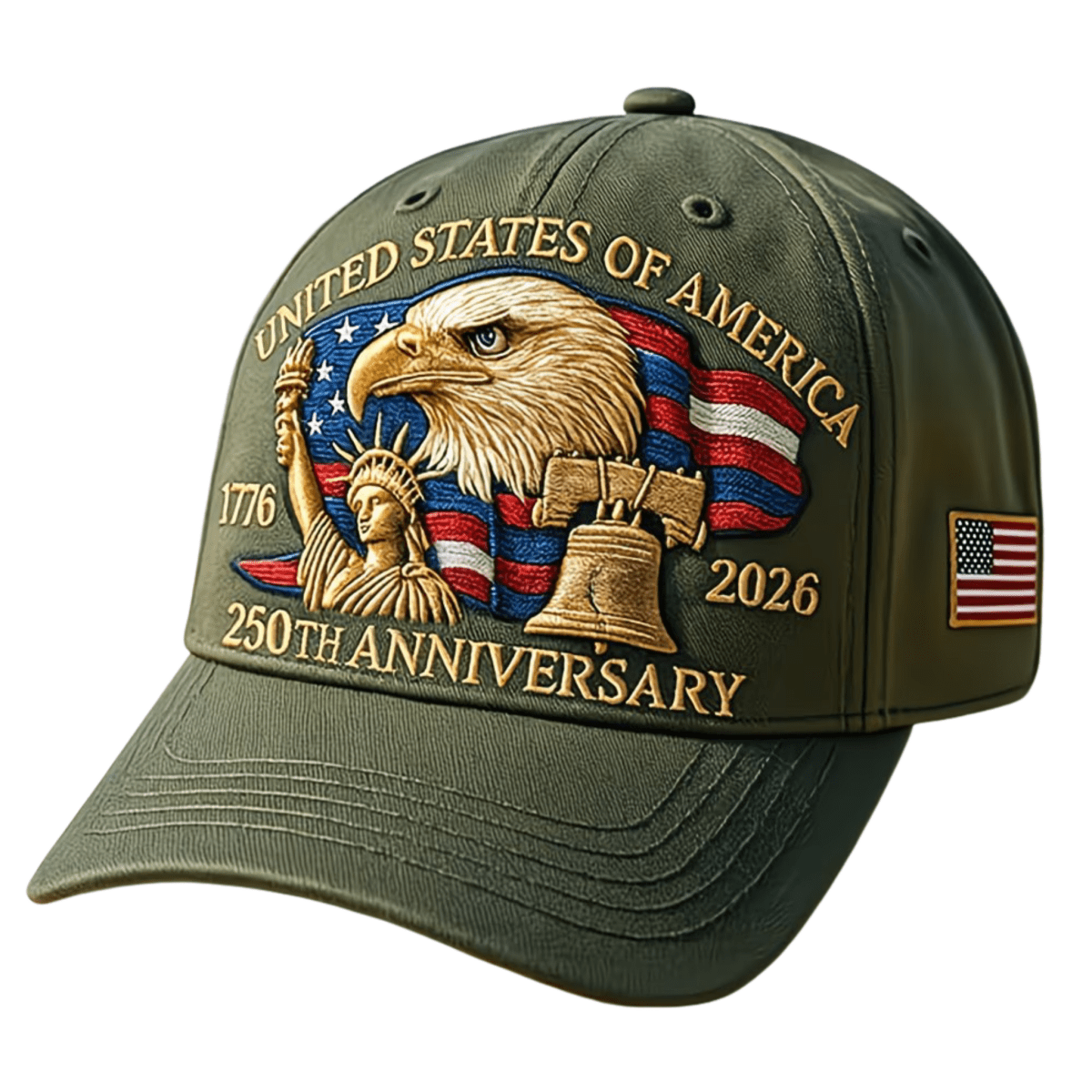 Green cap with American-themed design featuring bald eagle, Statue of Liberty, and Liberty Bell on a white background.