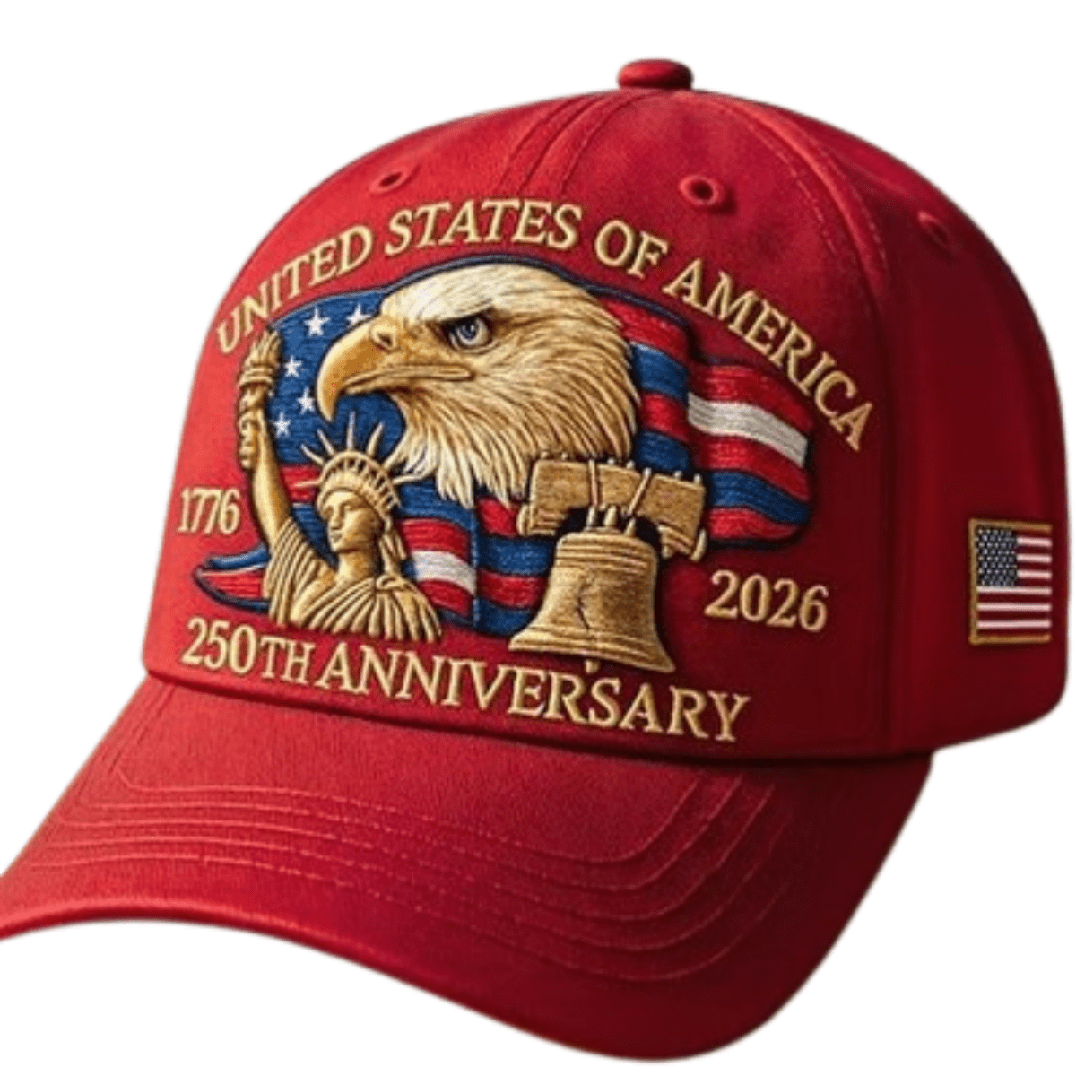 Red cap with 'United States of America 250th Anniversary' design featuring an eagle, Statue of Liberty, and American flag.
