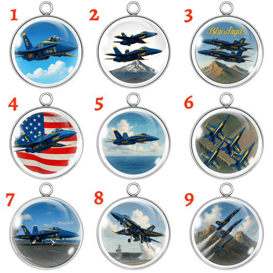 Nine circular pendants featuring Blue Angels aircraft with different scenic backgrounds.