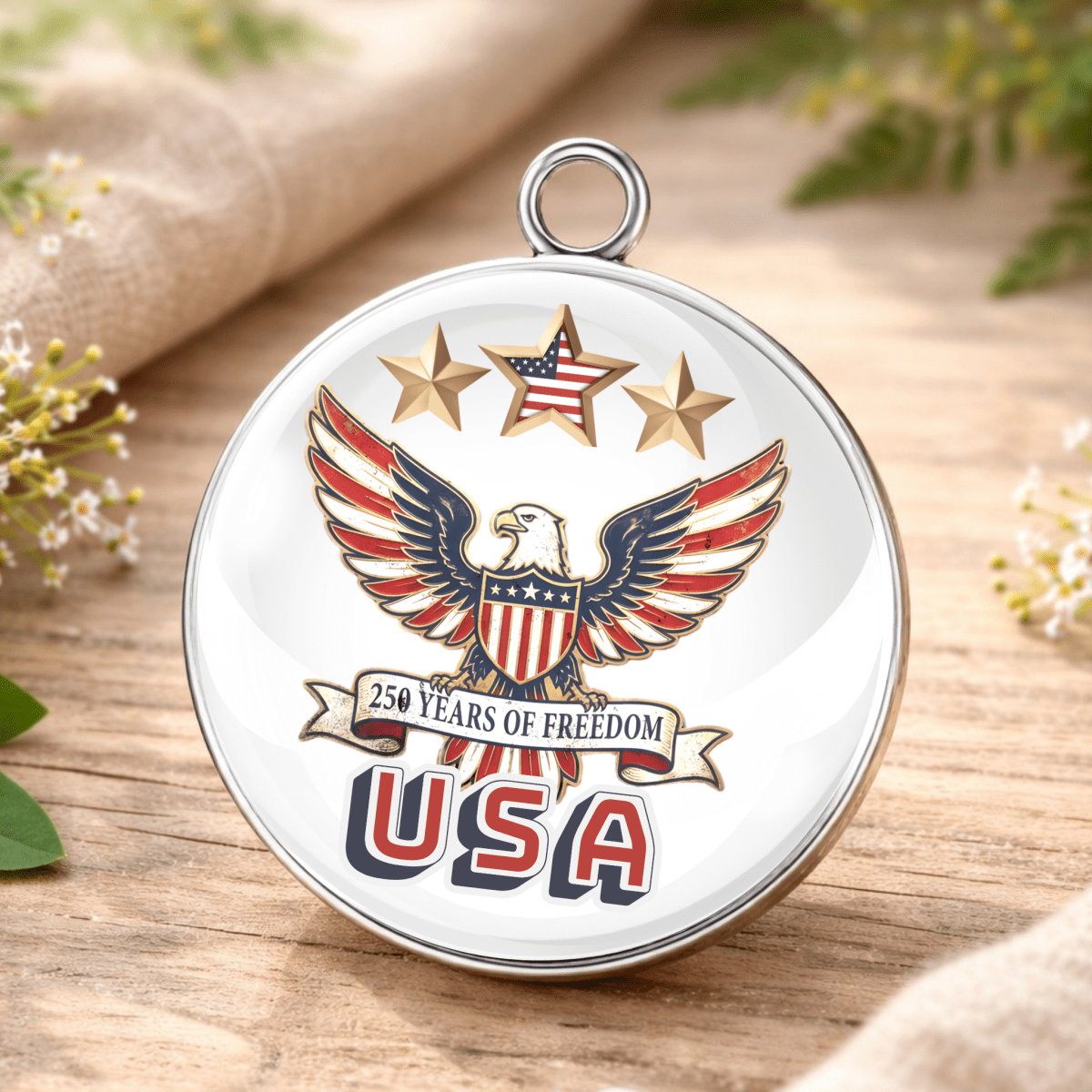 Medal with American eagle design and 'USA' text on a wooden surface with flowers.