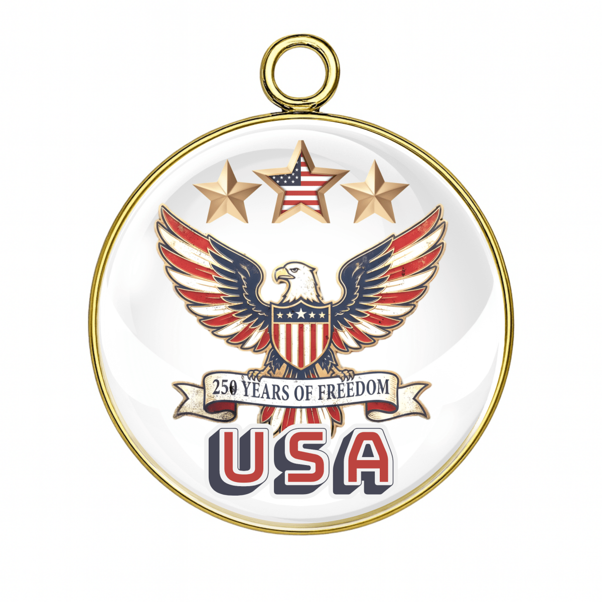 Medal with American flag design, eagle, and 'USA' text on a white background