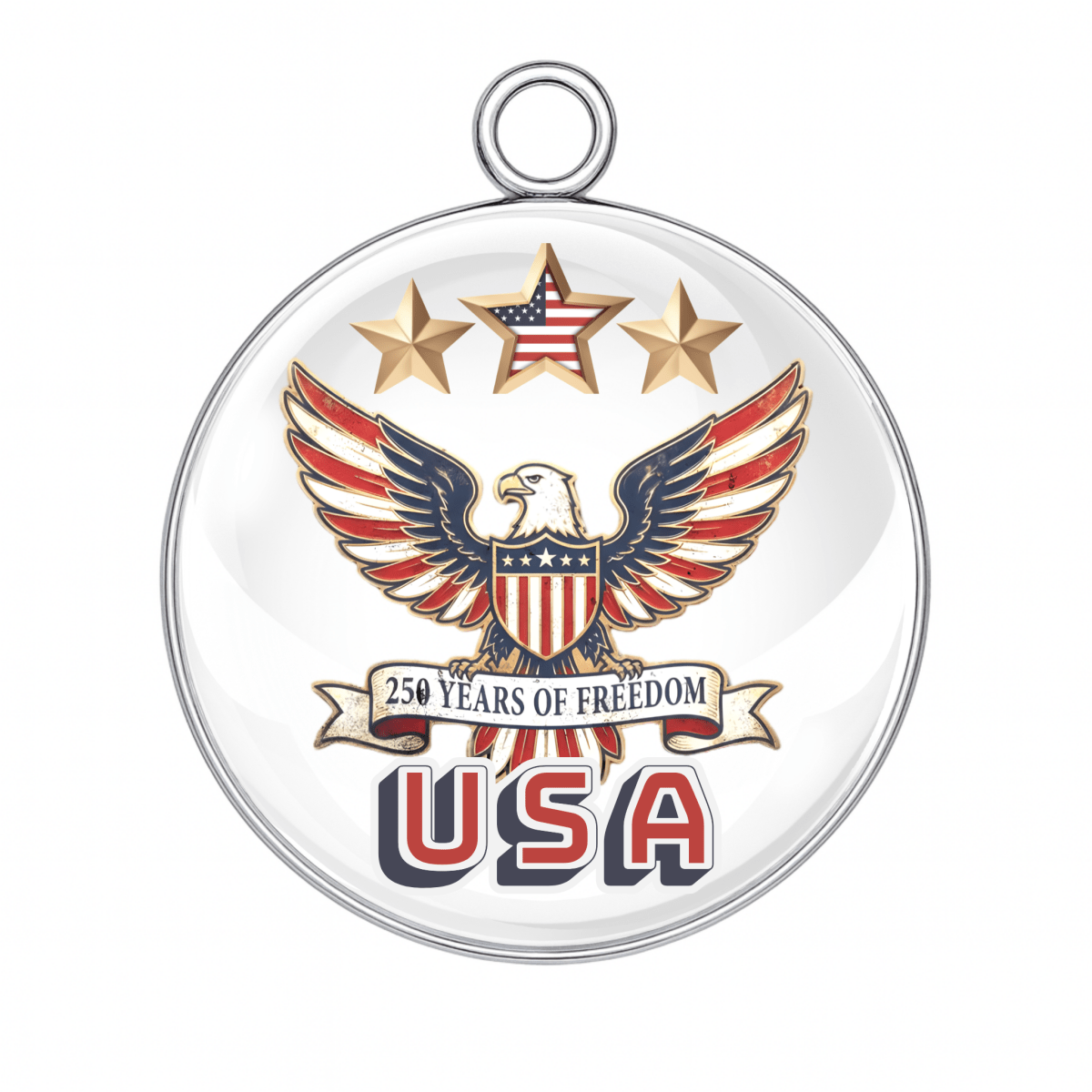 Medal with American flag design, eagle, and 'USA 250 Years of Freedom' text on a white background