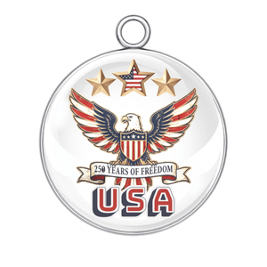 Medal with American flag design, eagle, and 'USA 250 Years of Freedom' text on a white background