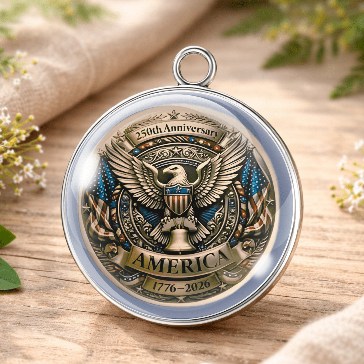Decorative item with eagle emblem and '250th Anniversary America' text on a wooden surface.