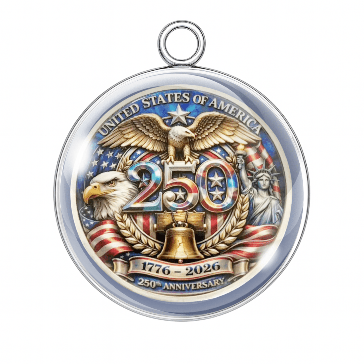 Medal commemorating 250th anniversary of the United States with eagle, bell, and flag design.