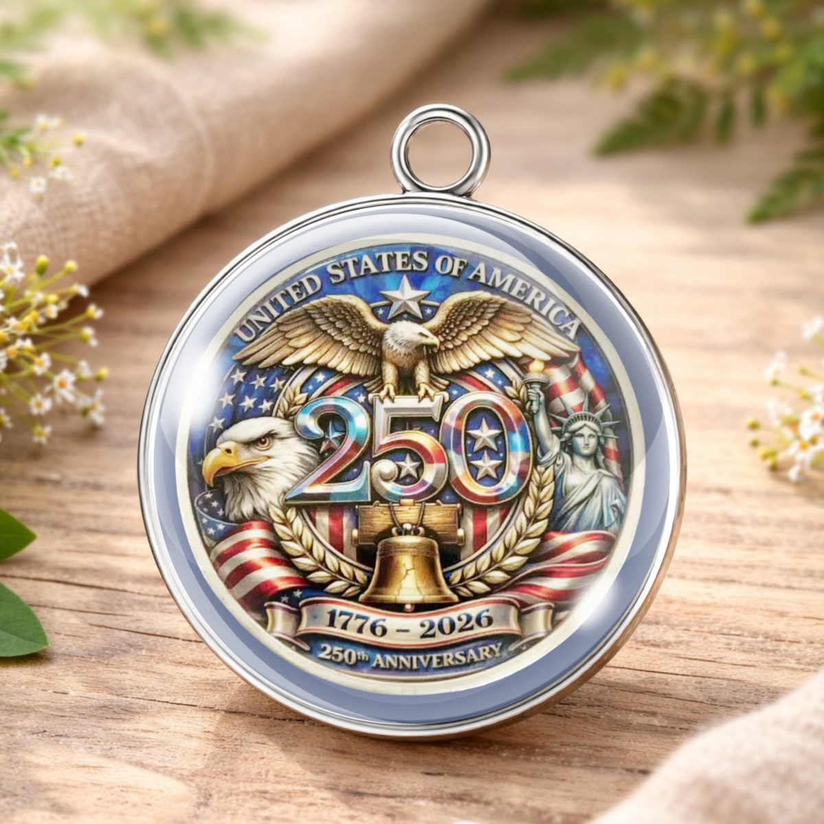 Commemorative coin celebrating 250 years of the United States on a wooden surface with flowers.