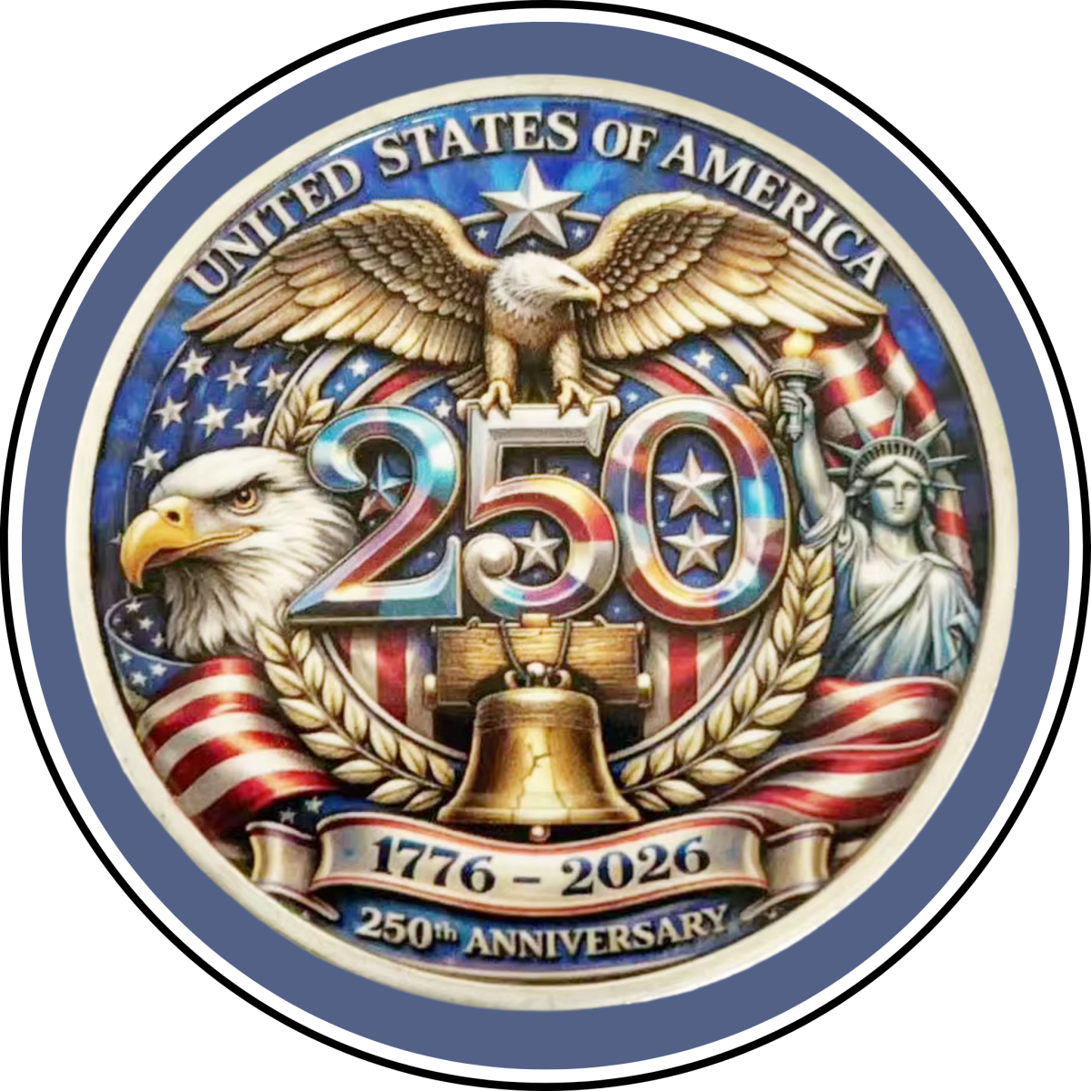 Celebratory emblem for the 250th anniversary of the United States, featuring an eagle, Liberty Bell, and Statue of Liberty.