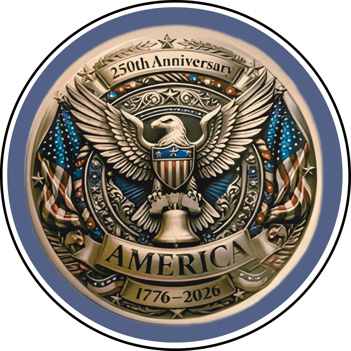 Decorative emblem celebrating America's 250th anniversary with an eagle and American flags.
