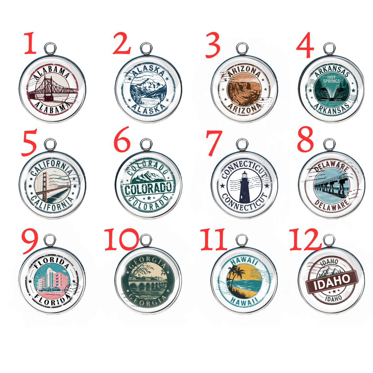 USA State Travel Charms, 50 Vintage State Stamp Collection Charms