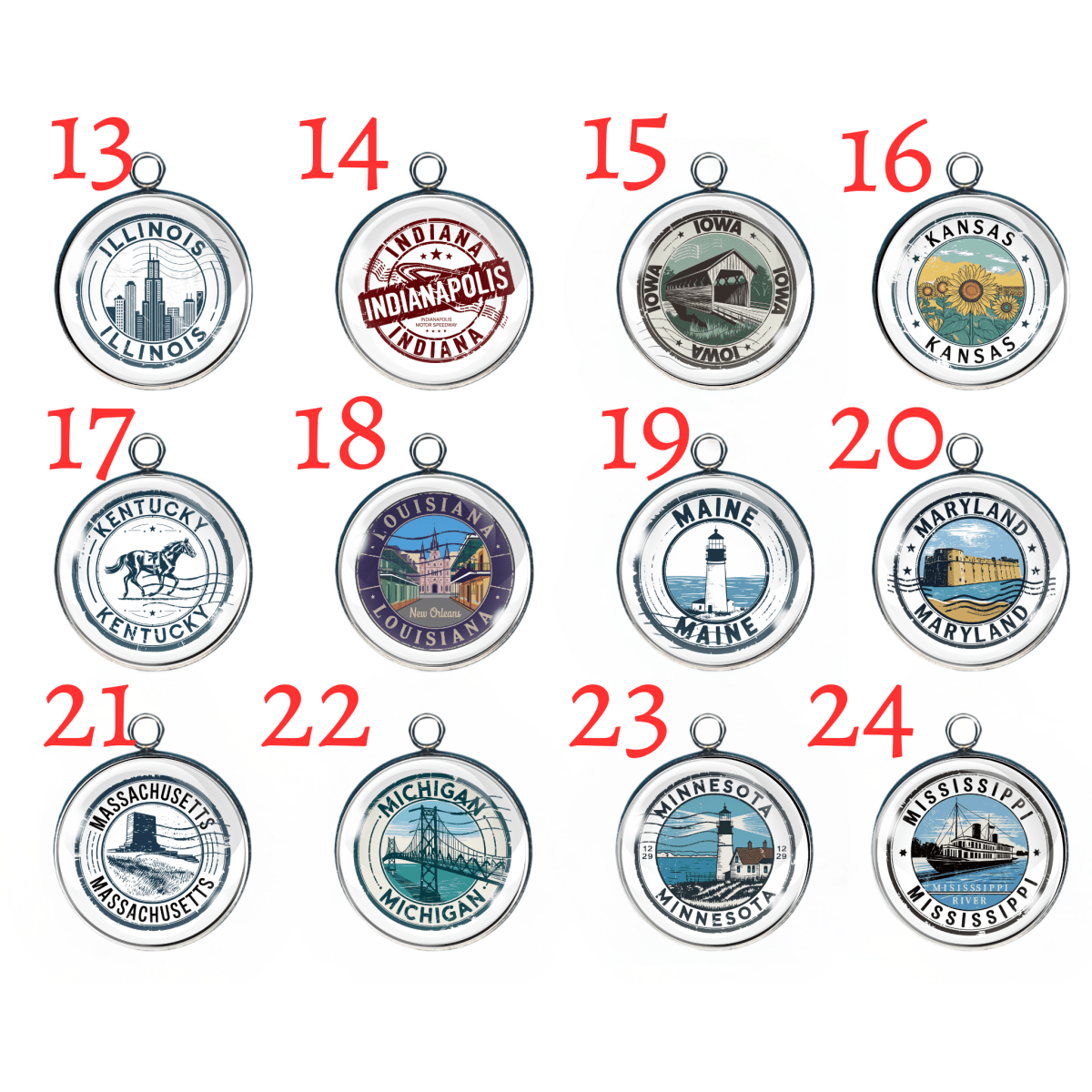 USA State Travel Charms, 50 Vintage State Stamp Collection Charms