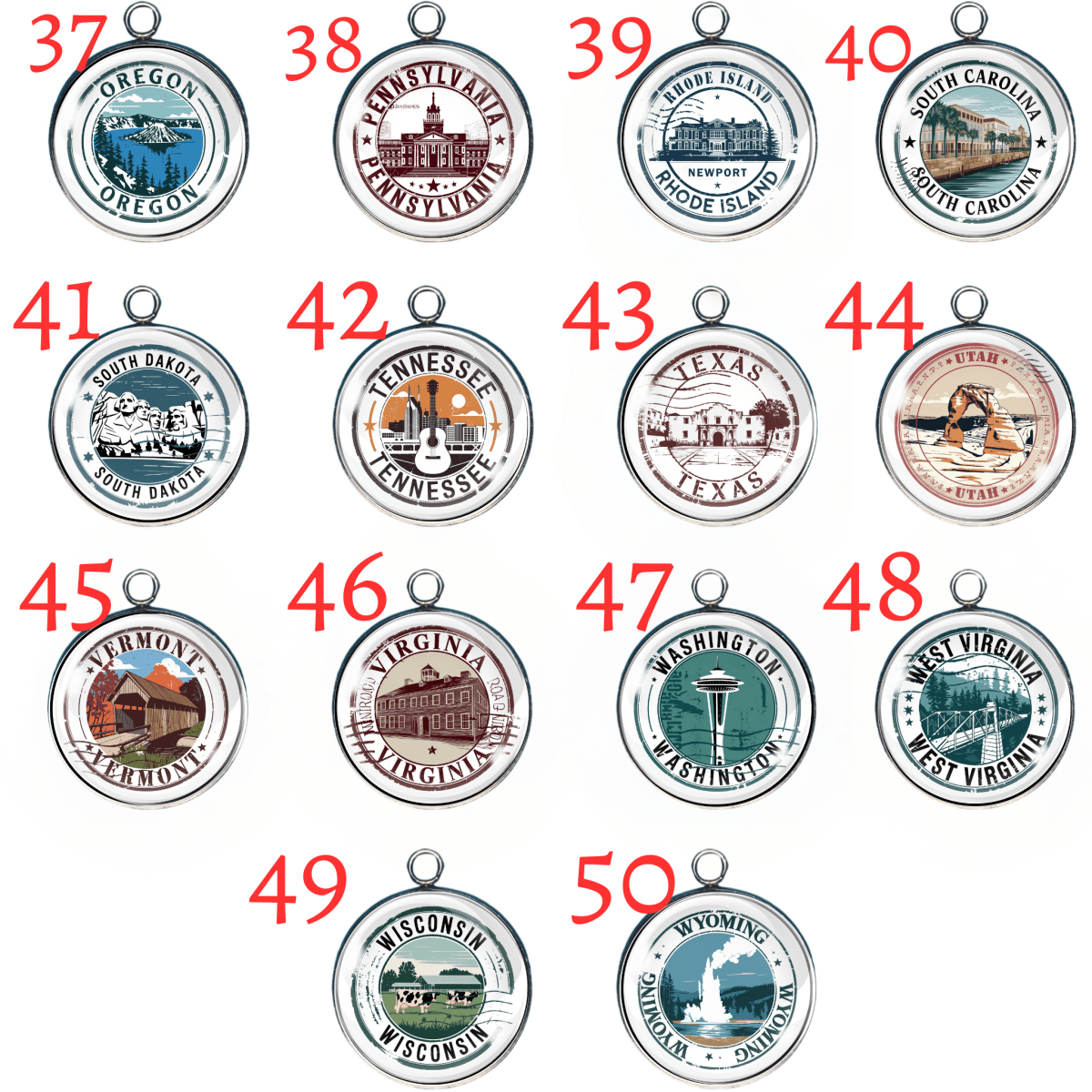 USA State Travel Charms, 50 Vintage State Stamp Collection Charms