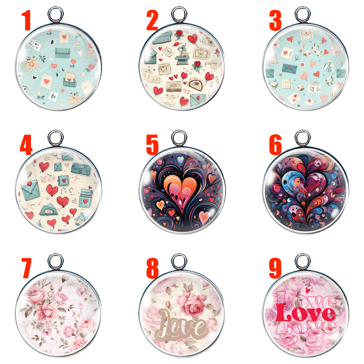 9 valentine print glass cabochon charms