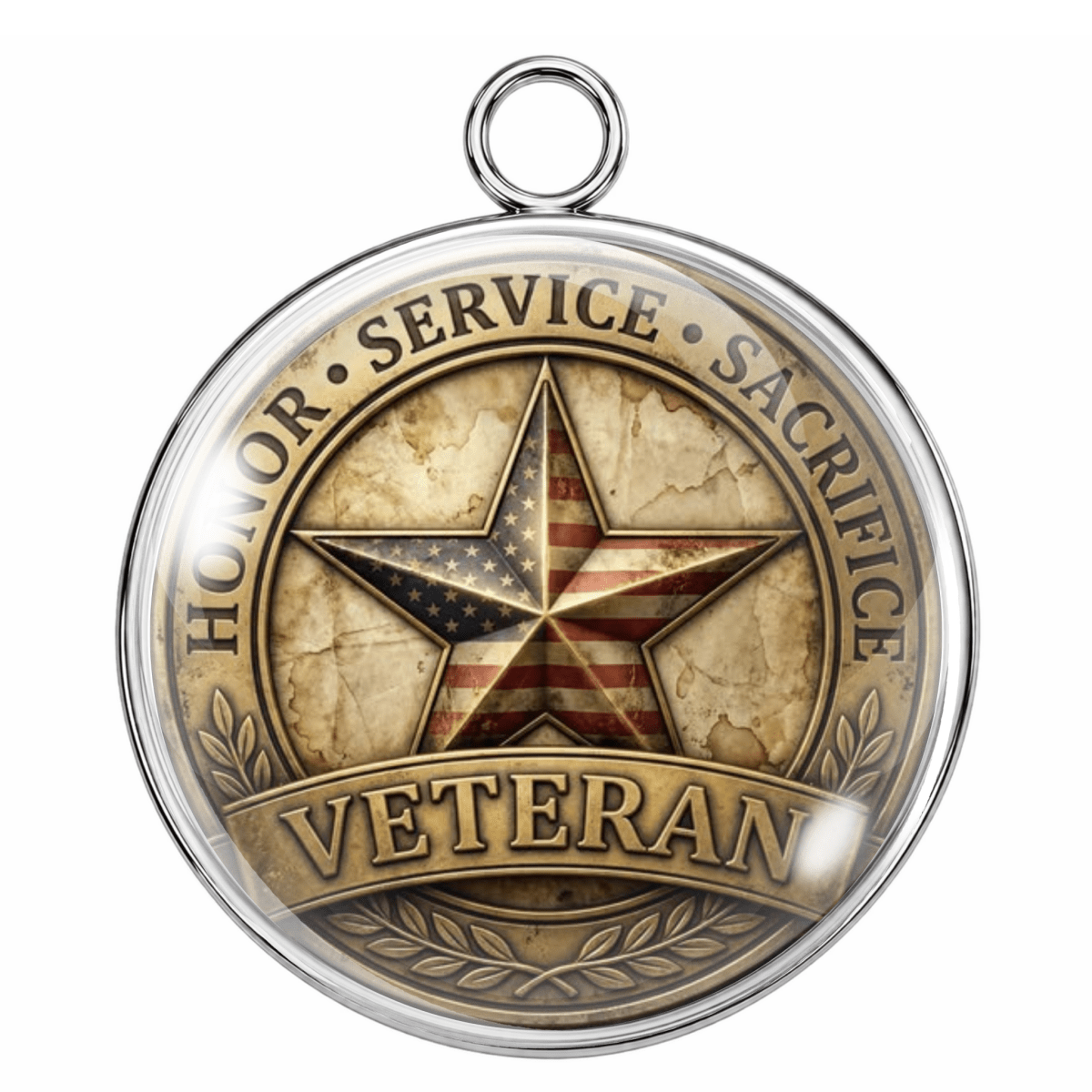 Medal with American flag star and 'Veteran' text on a white background